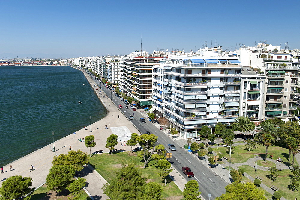 View from the White Tower (Lefkos Pyrgos) of the waterfront and buildings on Nikis Avenue in Thessaloniki, Greece, Europe