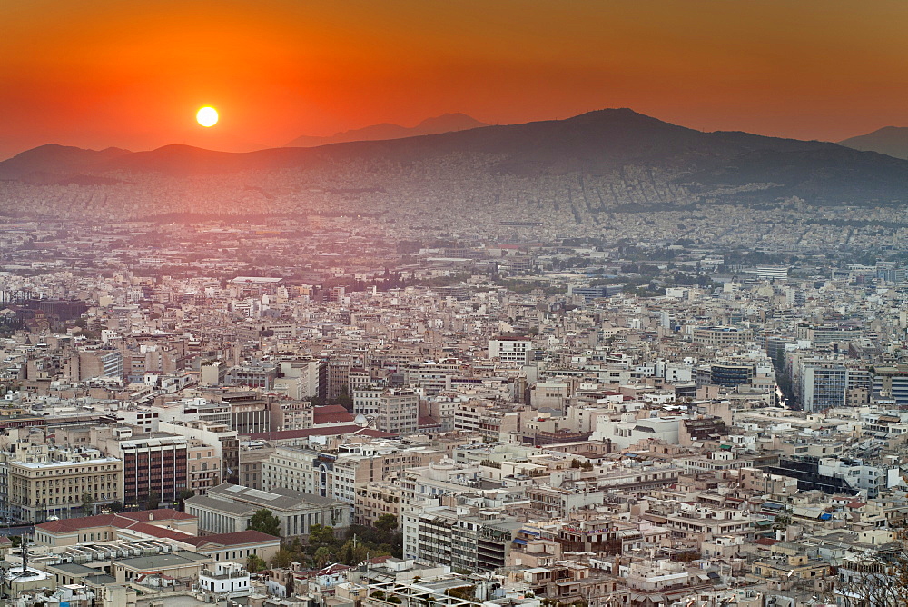 Sunset over Athens, the capital of Greece, Europe