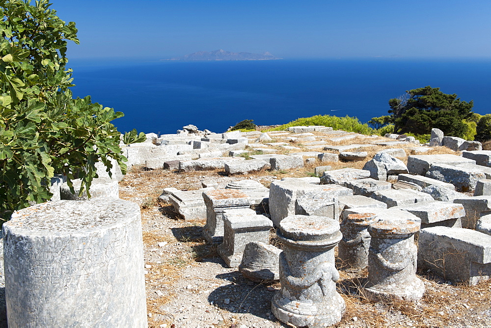 The ruins of Ancient Thira on the summit of Messavouno mountain on the Greek island of Santorini, Cyclades, Greek Islands, Greece, Europe