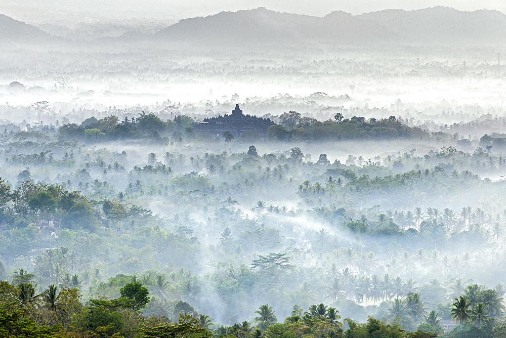 Dawn view of Borobodur, a 9th-century Buddhist Temple in Magelang, near Yogyakarta in central Java, Indonesia.