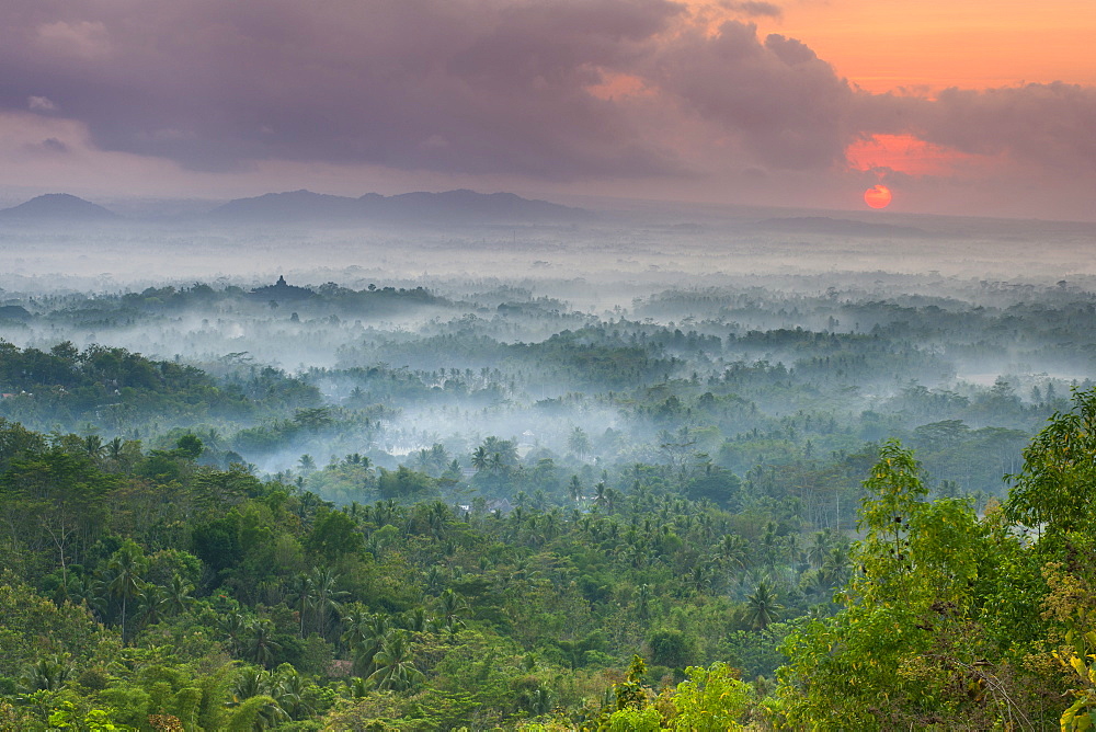 Dawn view of Borobodur, a 9th-century Buddhist Temple in Magelang, near Yogyakarta in central Java, Indonesia.