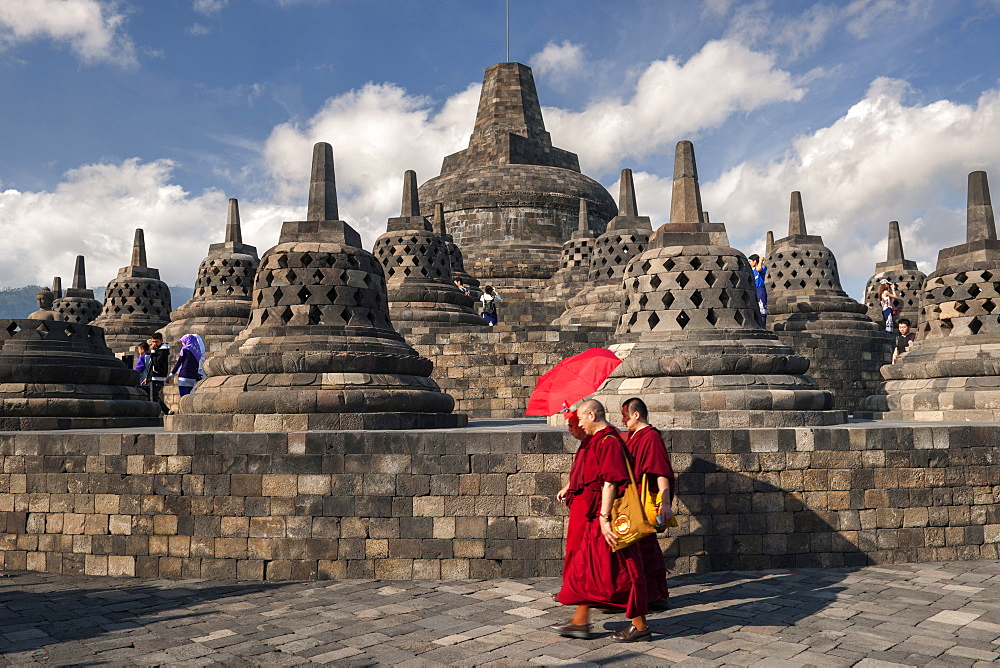 Stupa (bell-shaped ornaments) of Borobodur, a 9th-century Buddhist Temple near Yogyakarta in central Java, Indonesia.