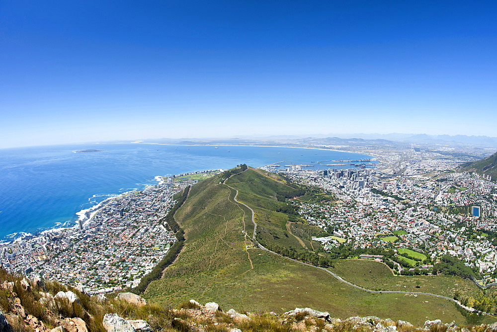 Table Bay, Signal Hill and the city of Cape Town in South Africa.