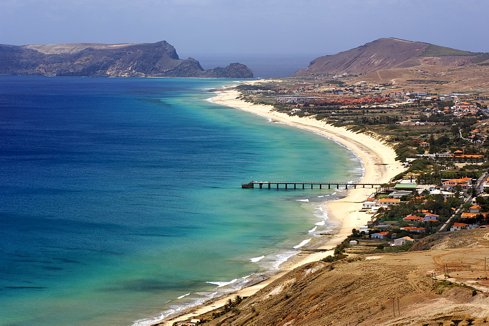 View of the beach and town of Vila Baleira seen from the Portela lookout point on the Portuguese Atlantic isand of Porto Santo.