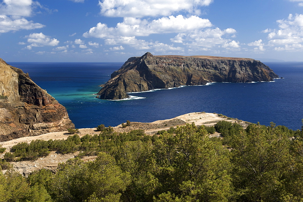 View of Ilhéu de Baixo ou da Cal island off the coast of the Portuguese Atlantic island of Porto Santo.