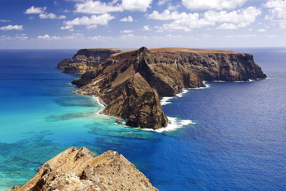 View of Ilhéu de Baixo ou da Cal island off the coast of the Portuguese Atlantic island of Porto Santo.