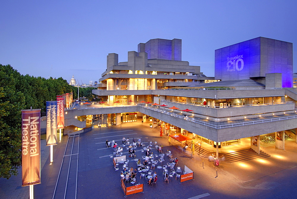 The National Theatre on London's south bank at dusk.