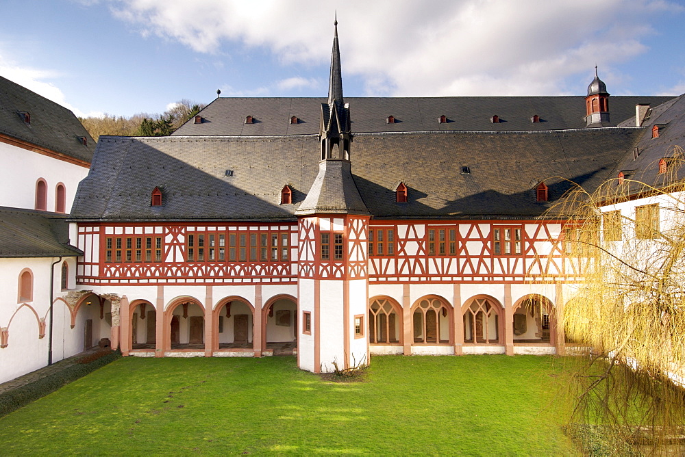 The cloister garden and courtyard of Kloster Eberbach monastery, used in the filming of The Name of the Rose, Rhine region, Hessen, Germany, Europe