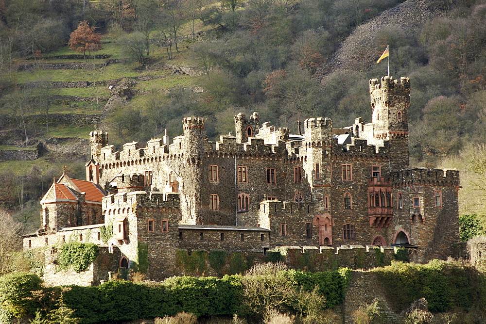 Burg Reichenstein castle on the bank of the Rhine River, Hessen Province, Germany, Europe