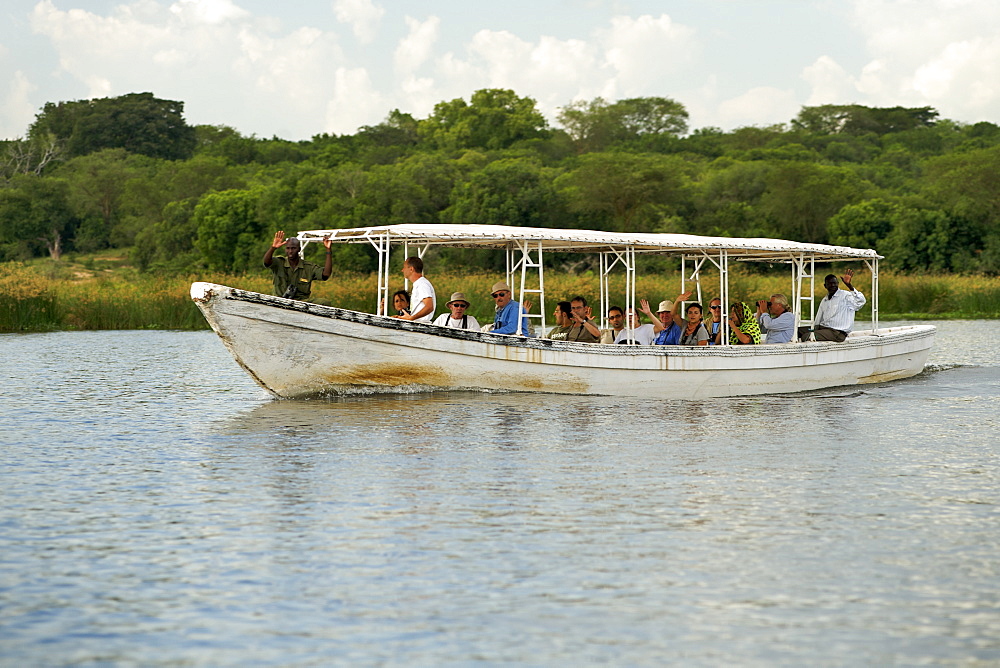 View of a tourist boat on the Victoria Nile River in Murchison Falls National Park in Uganda.