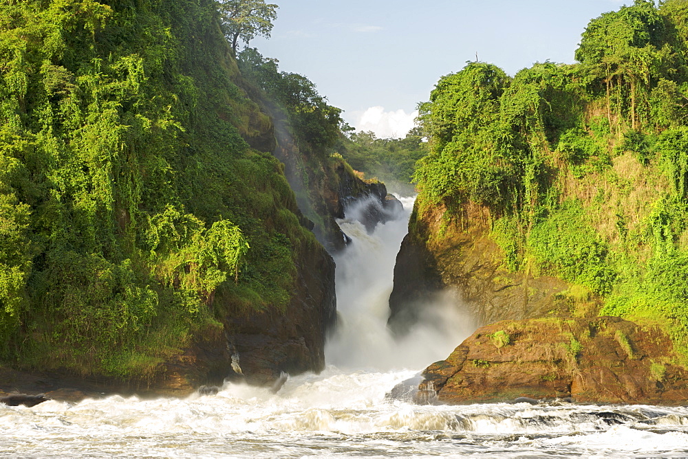 View of Murchison Falls on the Victoria Nile River in the Murchison Falls National Park in Uganda.