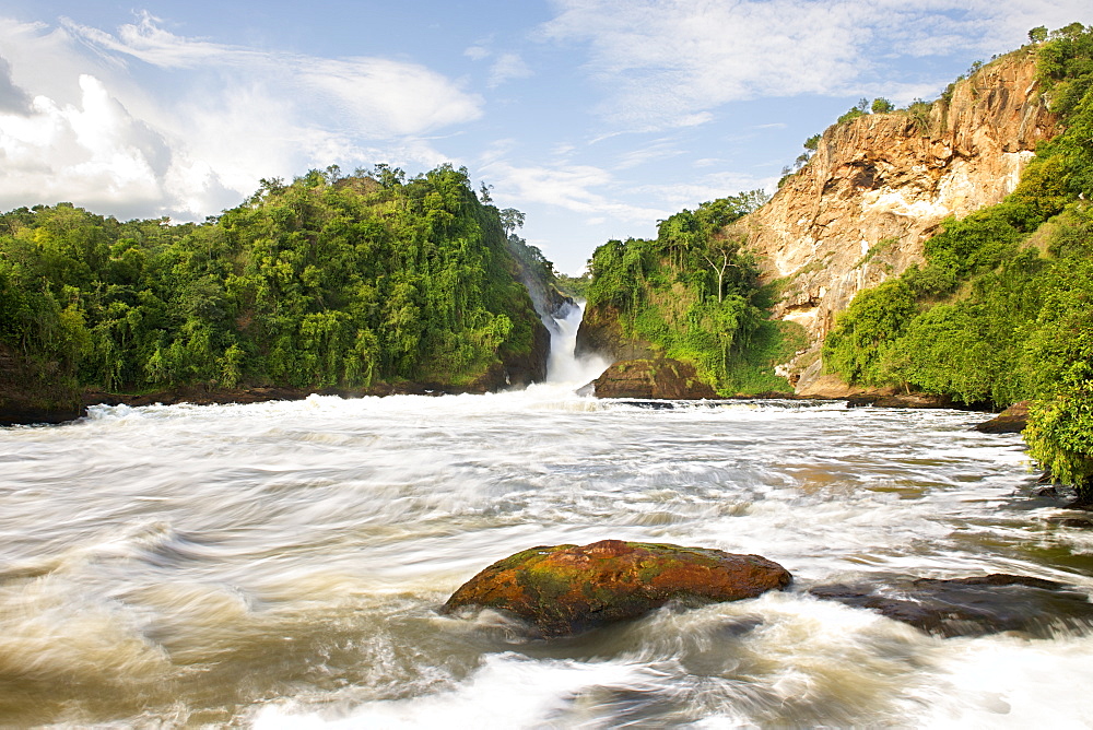 View of Murchison Falls on the Victoria Nile River in the Murchison Falls National Park in Uganda.