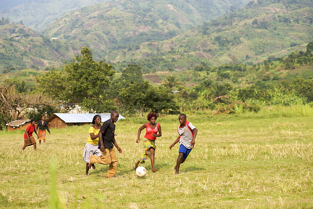 Ugandans playing football in western Uganda.