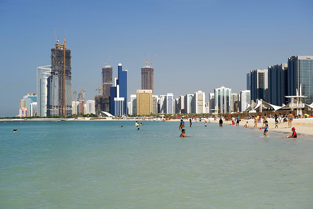 The beachfront and buildings in Abu Dhabi in the United Arab Emirates.