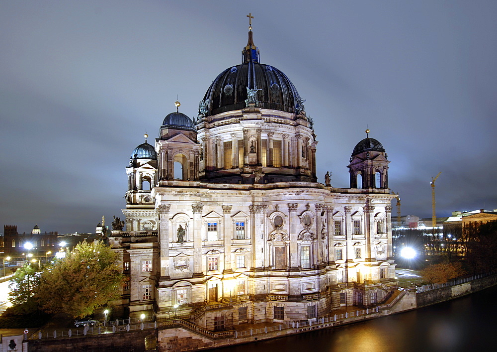 The Berliner Dom seen across the Spree River from a balcony of the Radisson Hotel, East Berlin, Germany, Europe