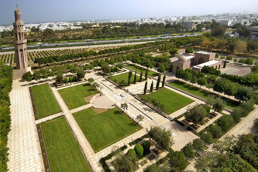 The gardens of the Sultan Qaboos Grand Mosque in Muscat, Oman.