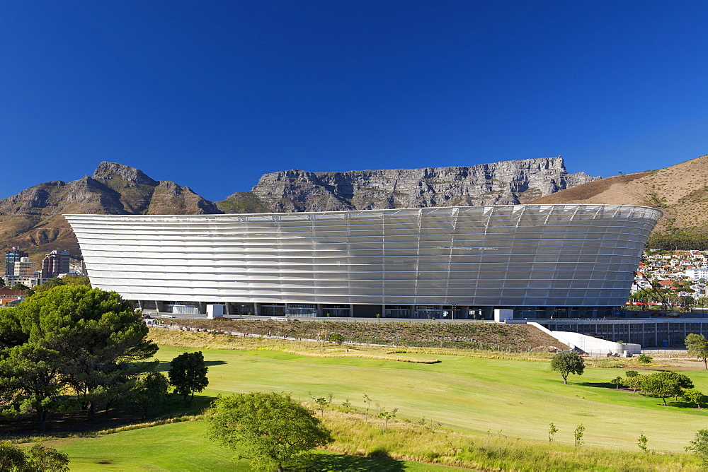 View of the new FIFA 2010 stadium in Greenpoint, Cape Town. Table Mountain can be seen in the background.