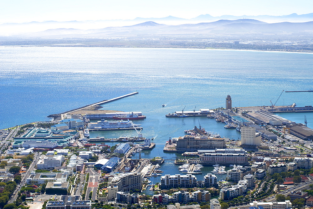 View of the waterfront, Cape Town harbour and Table Bay in Cape Town.