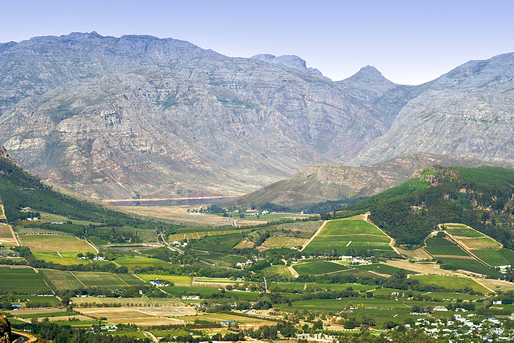 View across the vineyards of the Franschhoek Valley, Western Cape Province, South Africa.