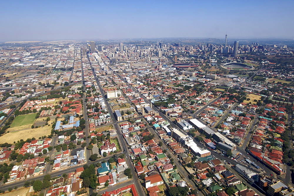 Aerial view of downtown Johannesburg and its eastern suburbs in South Africa.