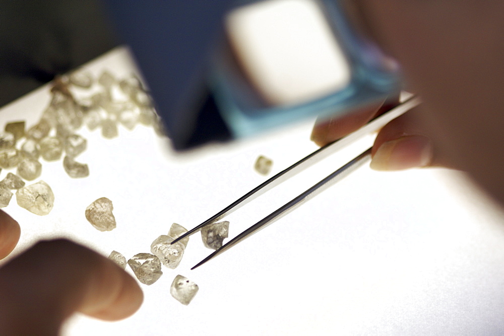 Uncut diamonds being sorted at the Diamond Trading Company's Harry Oppenheimer House in Kimberley South Africa. It is part of the De Beers company.