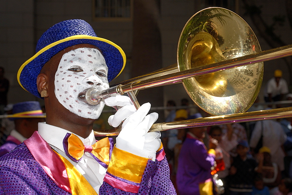 Participant in the annual Minstrels procession (also referred to as the Coon Carnival) in Cape Town.