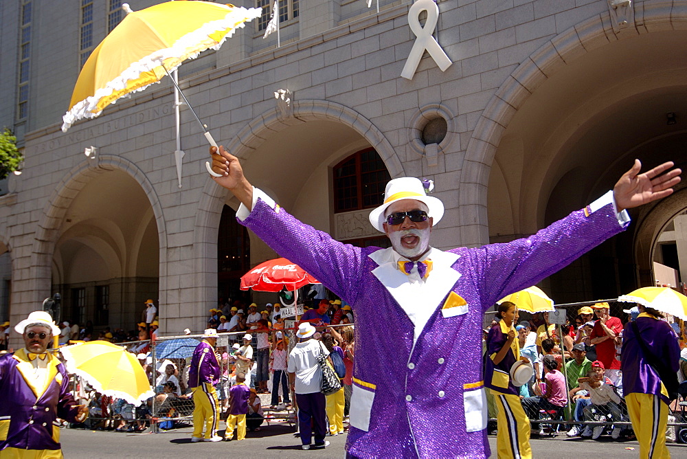 Participant in the annual Minstrels procession (also referred to as the Coon Carnival) in Cape Town.