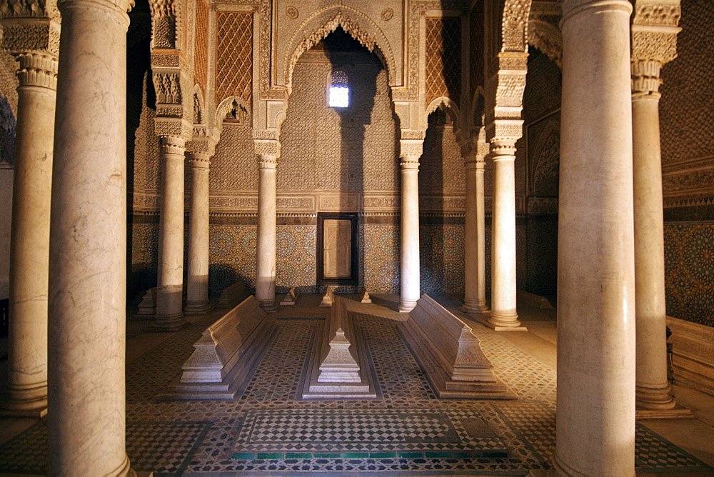 Mausoleum and Saadian tombs in Marrakech Morocco where over 60 members of the Saadi dynasty are buried. The dynasty ruled from the mid 16th to mid 17th century. The tombs were sealed and only re-discovered in 1917