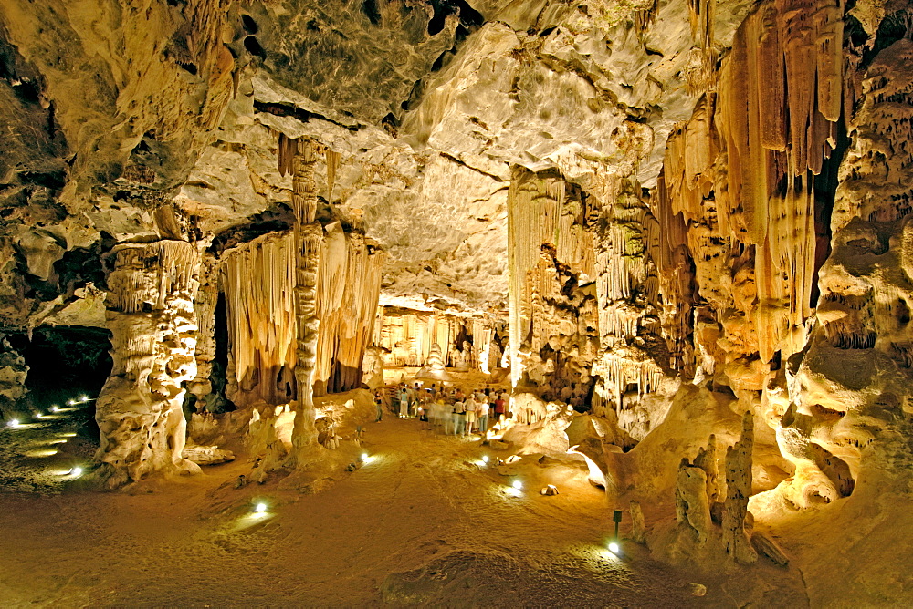 View of Botha's Hall in the Cango Caves near Oudtshoorn in South Africa's Western Cape Province. To the left of centre is the Double Petrified column, in the centre is the Leaning Tower of Pisa and behind that is the Petrified Weeping Willow. On the right are the Frozen Victoria Falls.