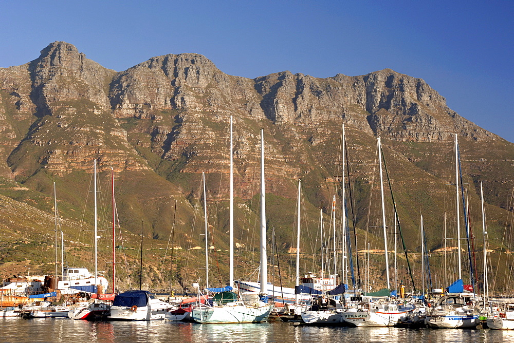 A view of Chapmans Peak drive and yachts in Hout Bay harbour on Cape Town's Atlantic coast.