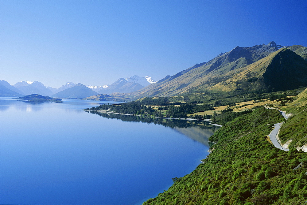 Looking north-northwest towards the northern tip of Lake Wakatipu at Glenorchy, with 2819m Mount Earnslaw beyond, west Otago, South Island, New Zealand, Pacific