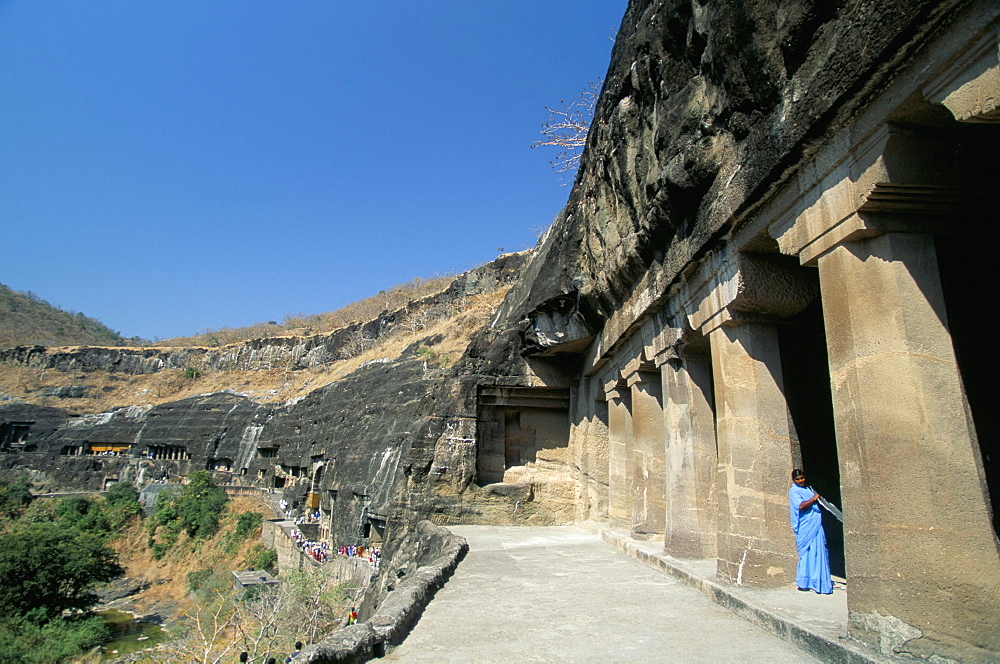 Looking west from Cave 4, largest vihara in the cave site, carved from a horseshoe gorge in the Waghore River, Ajanta, UNESCO World Heritage Site, Maharashtra, India, Asia