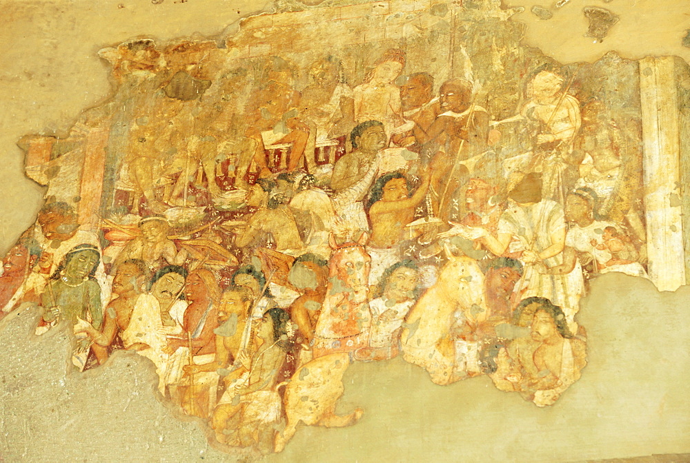 Painting in Cave 17, one of the world-heritage Buddhist caves at Ajanta, carved from a gorge in the Waghore River, Maharashtra State, India