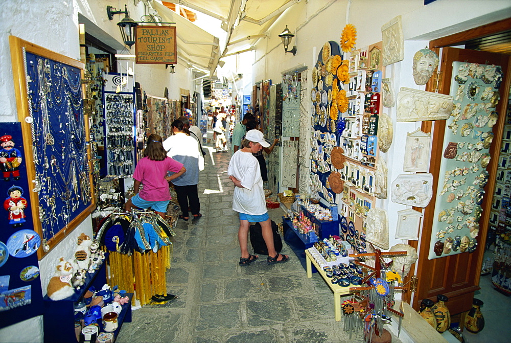 Souvenirs for sale, Lindos, Rhodes, Dodecanese, Greek Islands, Greece, Europe