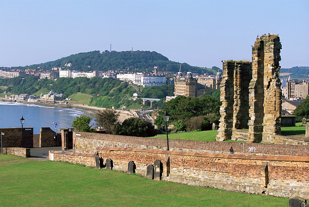 View from St. Mary's Church towards the Grand Hotel and South Shore, Scarborough, Yorkshire, England, United Kingdom, Europe