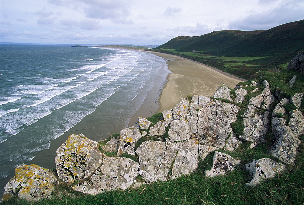 Looking from the cliffs at Rhossili, above Rhossili Bay, towards Llangennith at far west of the Gower Peninsula, West Glamorgan, Wales, United Kingdom, Europe