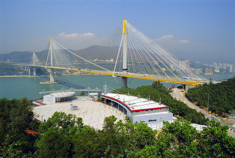 The 1177m cable stayed Ting Kau Bridge linking the northwest New Territories, city and airport via Tsing Yi island, part of the huge airport project, Hong Kong, China, Asia