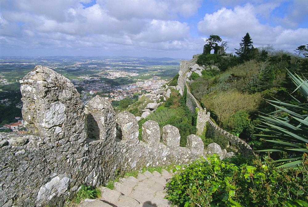 The ramparts of the Moorish Castelo dos Mouros, captured by Christians in 1147, above the town of Sintra, Estremadura, Portugal, Europe