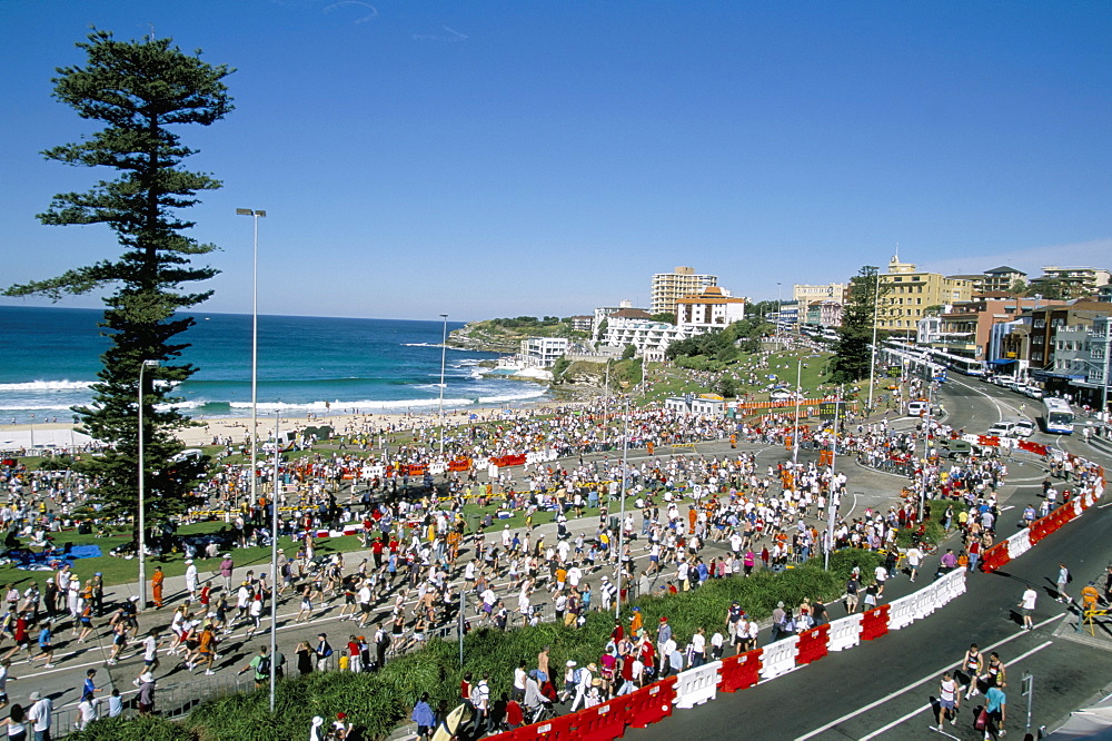 Competitors in the annual City to Surf race at the finish in Bondi, Sydney, New South Wales, Australia, Pacific