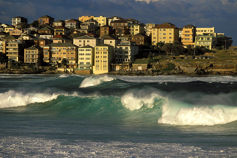 Big winter swell at famous Bondi Beach in the Eastern Suburbs, Sydney, New South Wales, Australia