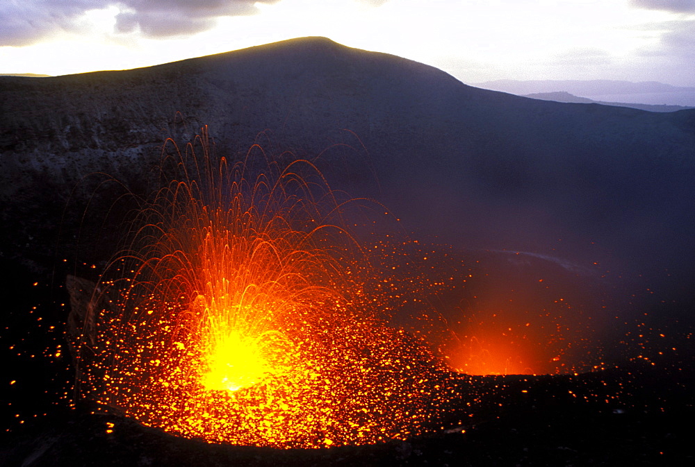 Eruptions from vents in the crater of Mount Yasur, Yasur Volcano, Tanna Island, Vanuatu, PacificEruptions from vents in the crater of  Mount Yasur in east Tanna, one of the Pacific's most accessible & active volcanoes