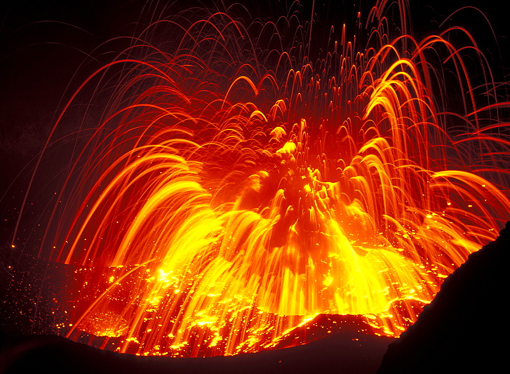 Eruption from vent in the crater of Mount Yasur, Yasur Volcano, Tanna Island, Vanuatu, PacificEruption from vent in the crater of  Mount Yasur in east Tanna, one of the Pacific's most accessible & active volcanoes