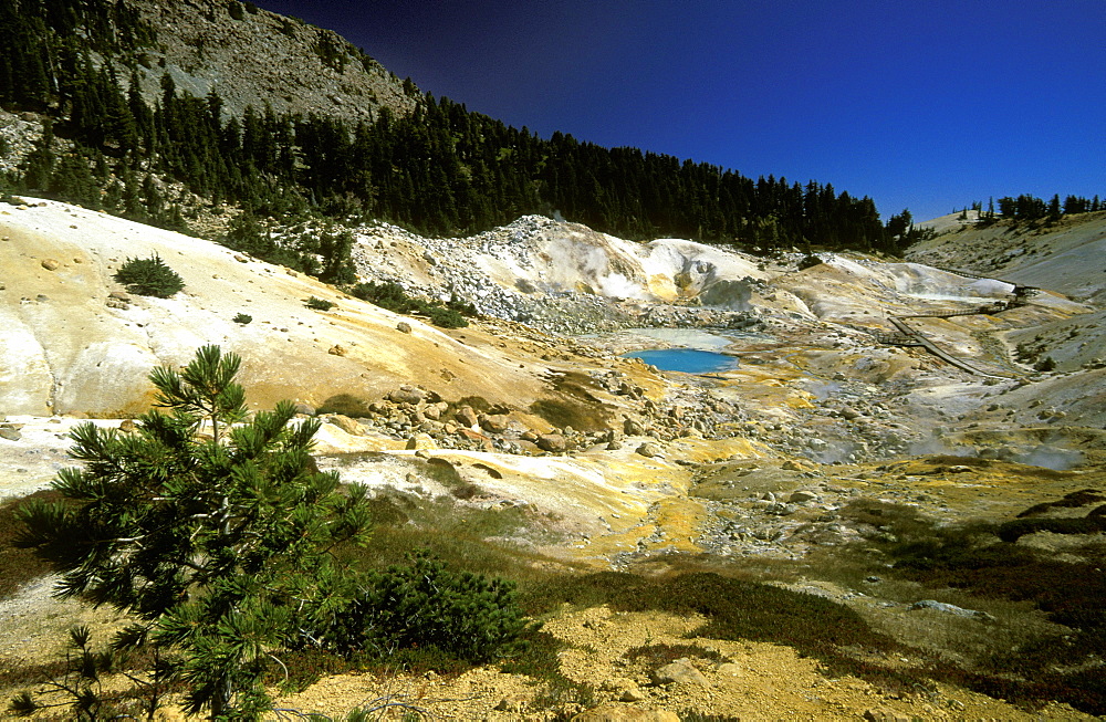 Sulphur deposits at 'Bumpass Hell', the largest area of mudpots and steam vents at this national park around Lassen Peak volcano, Lassen volcanic national park, California, Usa