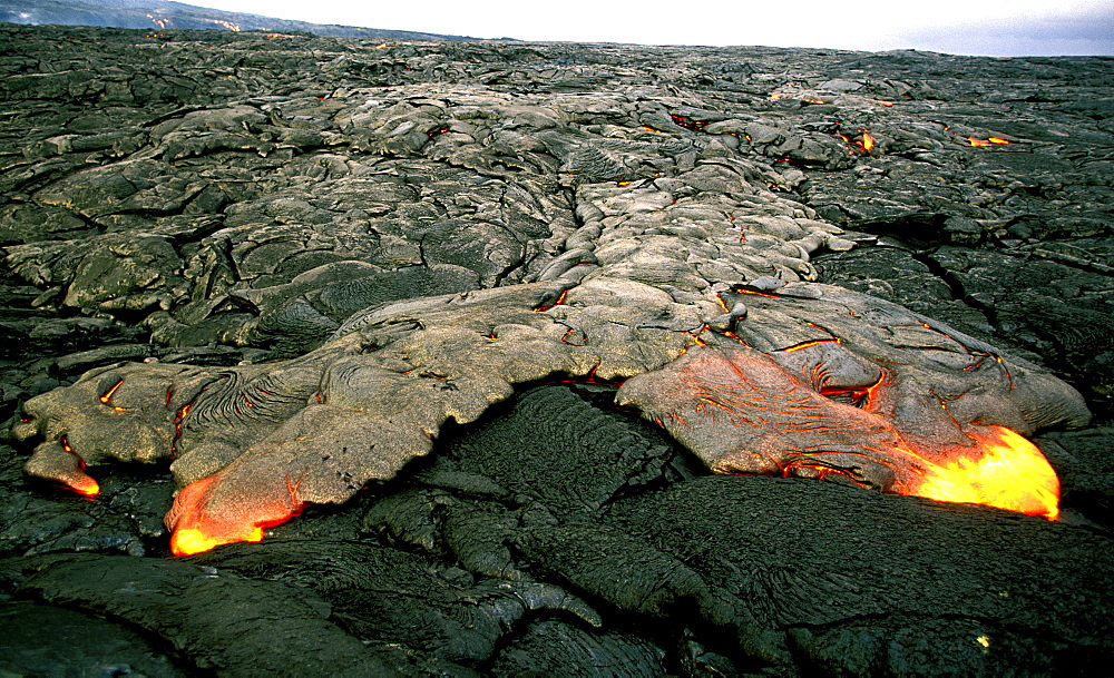 Flow of pahoehoe or 'ropey lava' near the Chain of Craters Road on the slopes of  Mt Kilauea volcano, in the south of this, the most volcanically active Hawaiian island, The Big Island, Hawaii, Usa