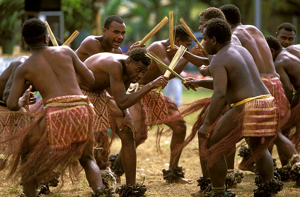 Men from the island of PENTECOST in a traditional dance at a Melanesian cultural festival, Efate Island, Port Vila, Vanuatu