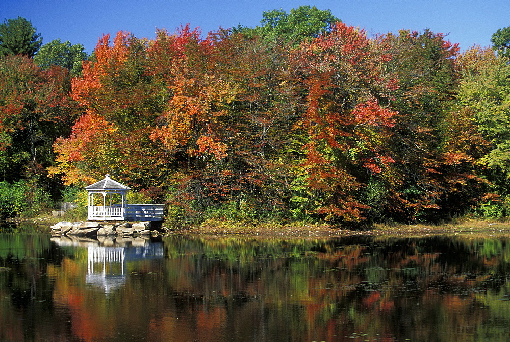 Gazebo and autumn colours, part of the beautiful 
New England fall display, at Ice House Pond (a.k.a 'Golden Pond', but not the same one as in the film) at Hopkinton in October, Massachusetts, United States of America