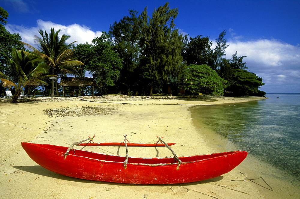 Outrigger canoe moored on the resort island of ERAKOR in Erakor Lagoon, just south of the capital, Efate Island, Port Vila, Vanuatu   