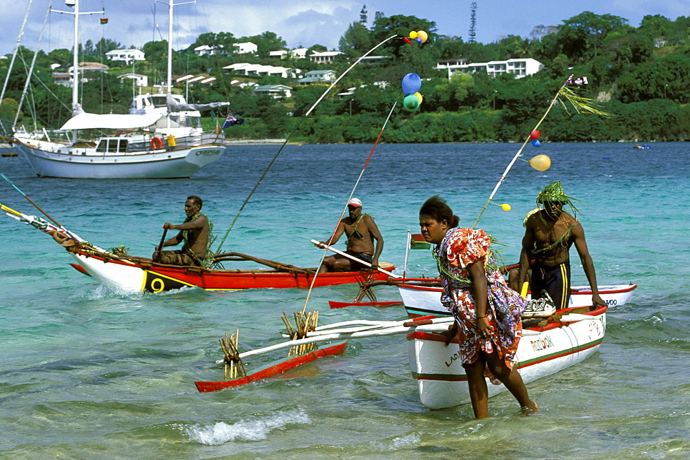 Canoes landing on Iririki Island, just off Port Vila, Efate Island, Port Vila, Vanuatu