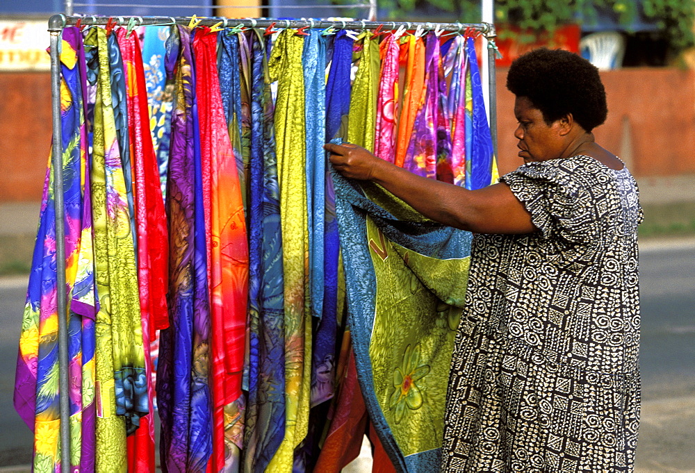 Woman at her souvenir stall in the capital city centre, Efate Island, Port Vila, Vanuatu