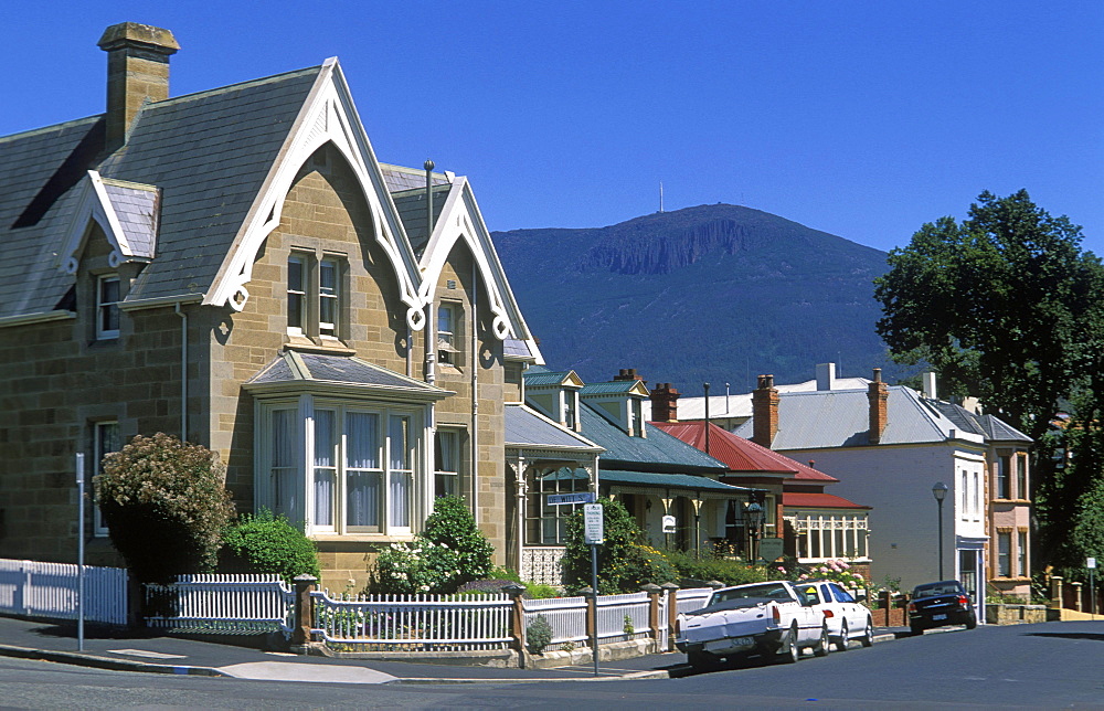 Older properties on Hampden Road, with 1270m Mount Wellington beyond, in the historic district of Battery Point, Hobart, Tasmania, Australia, Pacific